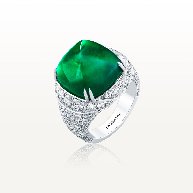 Sugar-loaf Colombian Emerald diamond ring